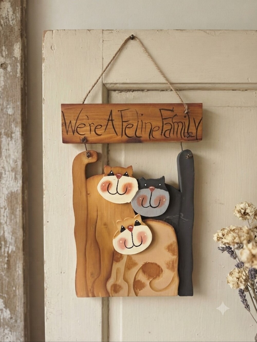 Handmade Wooden Cat Family Wall Hanging Sign Primitive Country Folk Art Decor